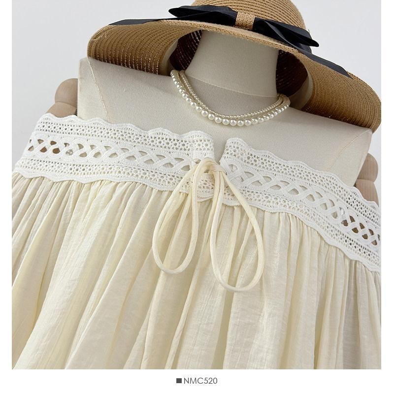 Set: Long-Sleeve Off Shoulder Perforated Blouse + High Waist Midi Skirt
