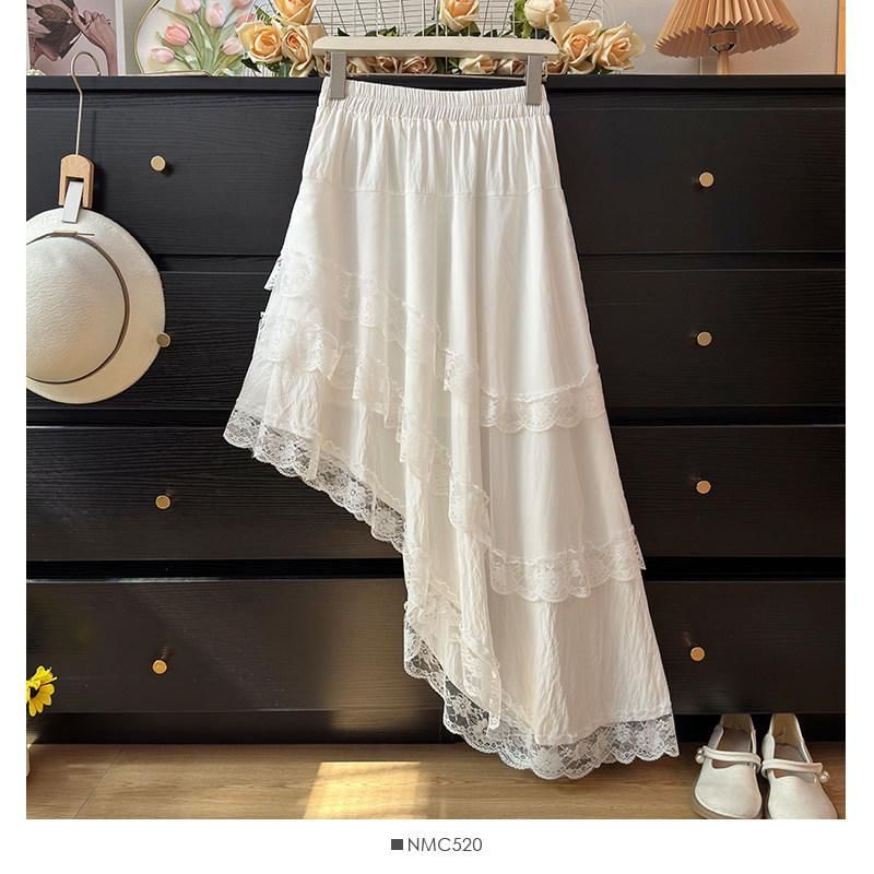 Mid Waist Asymmetrical Lace Trim A-Line Skirt