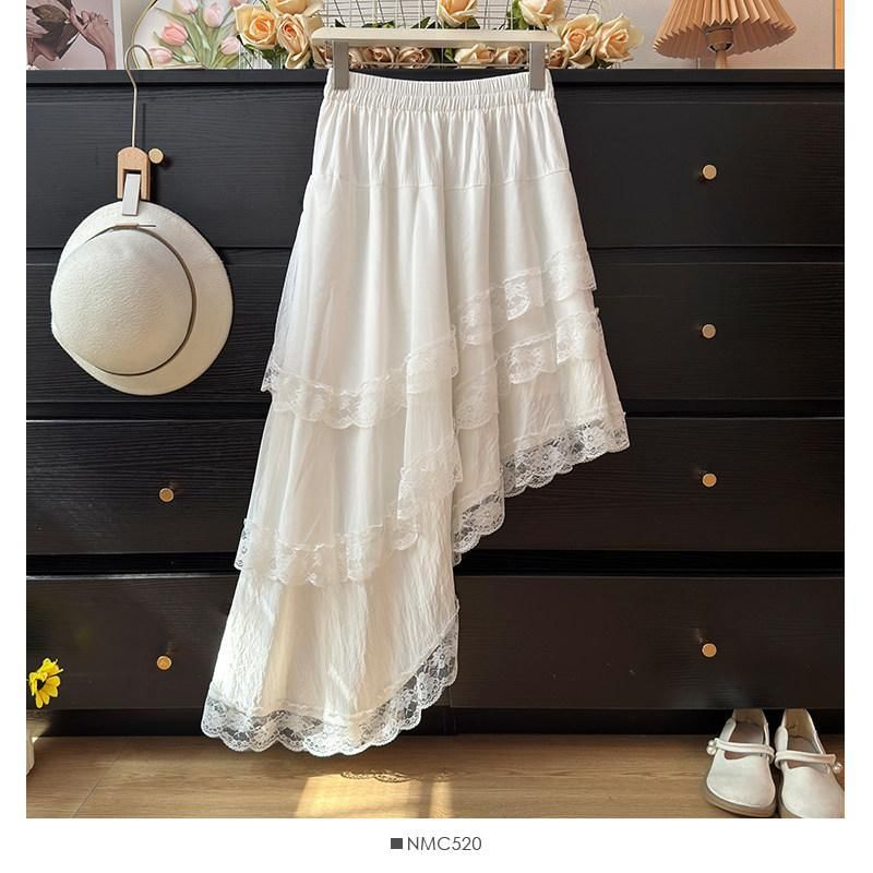 Mid Waist Asymmetrical Lace Trim A-Line Skirt