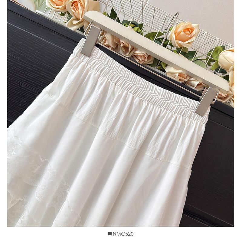 Mid Waist Asymmetrical Lace Trim A-Line Skirt