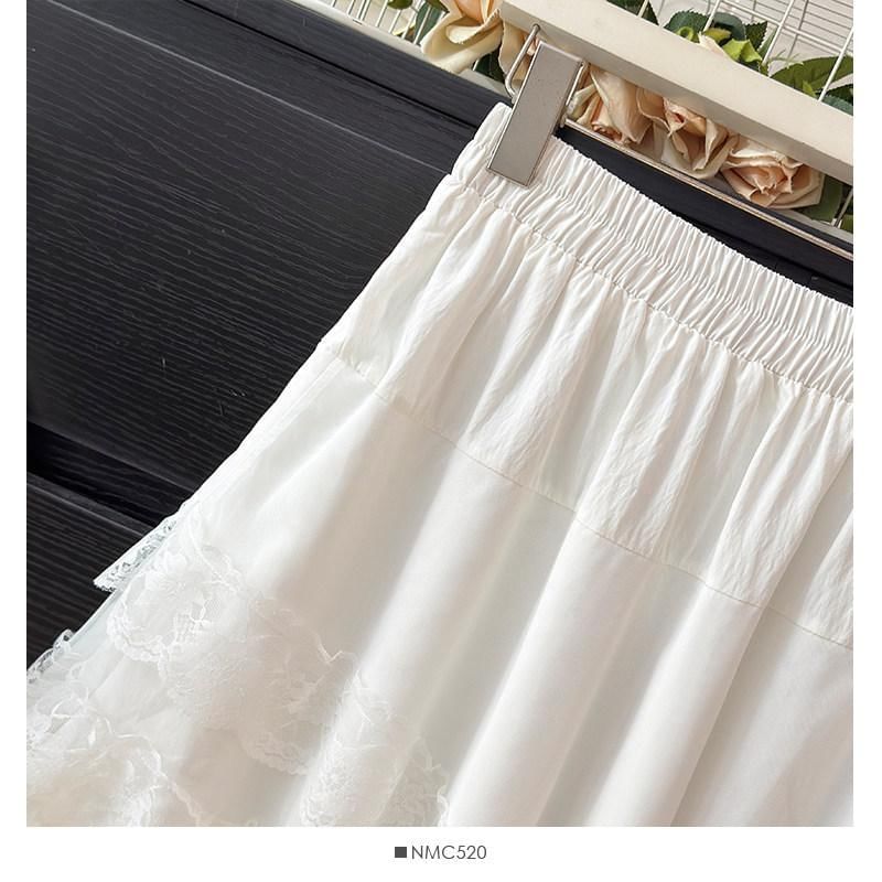 Mid Waist Asymmetrical Lace Trim A-Line Skirt