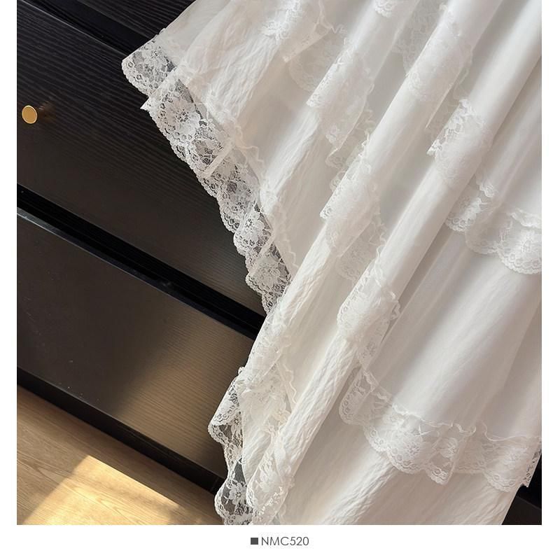 Mid Waist Asymmetrical Lace Trim A-Line Skirt