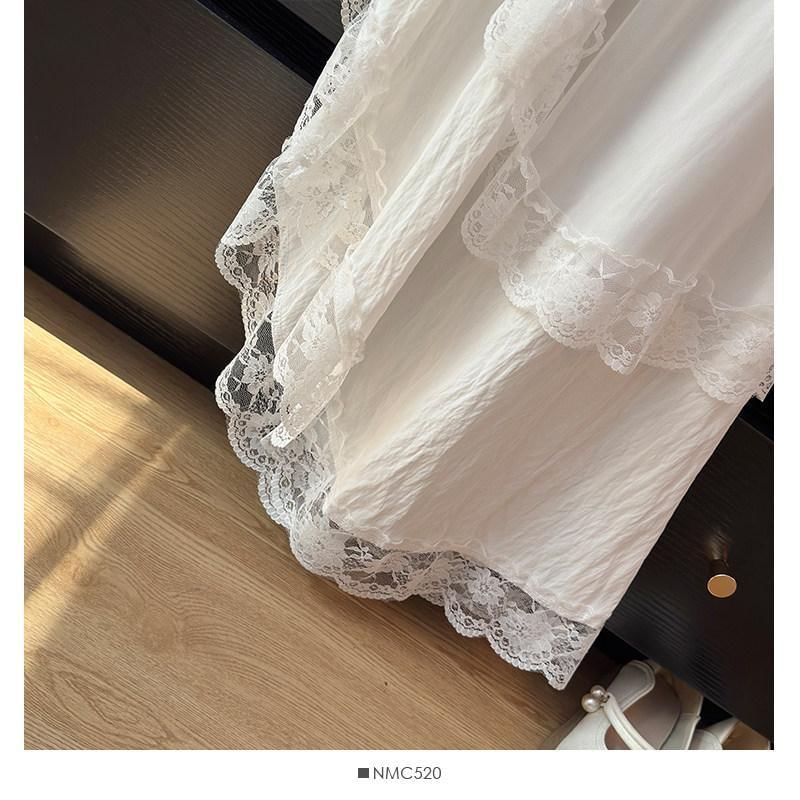 Mid Waist Asymmetrical Lace Trim A-Line Skirt