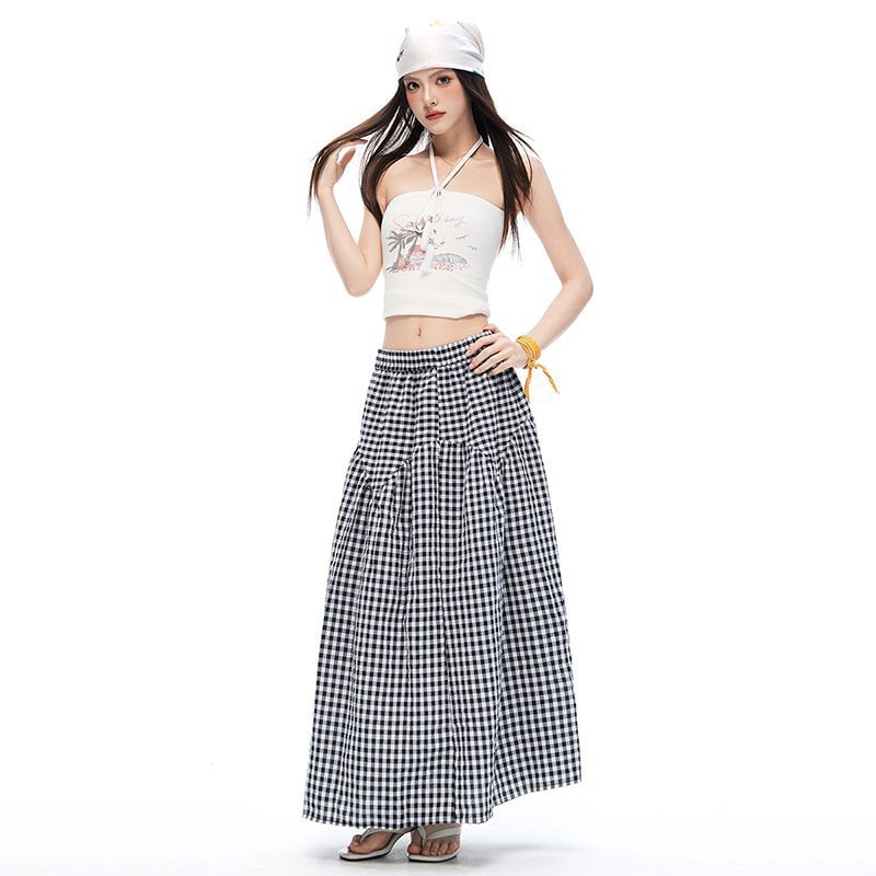 Mid Rise Gingham Maxi A-Line Skirt