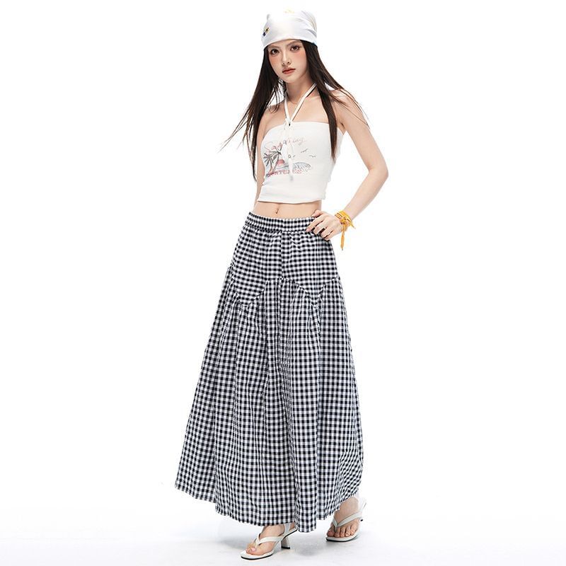 Mid Rise Gingham Maxi A-Line Skirt