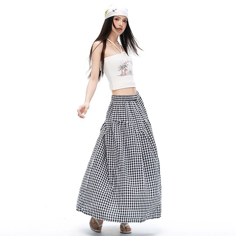 Mid Rise Gingham Maxi A-Line Skirt
