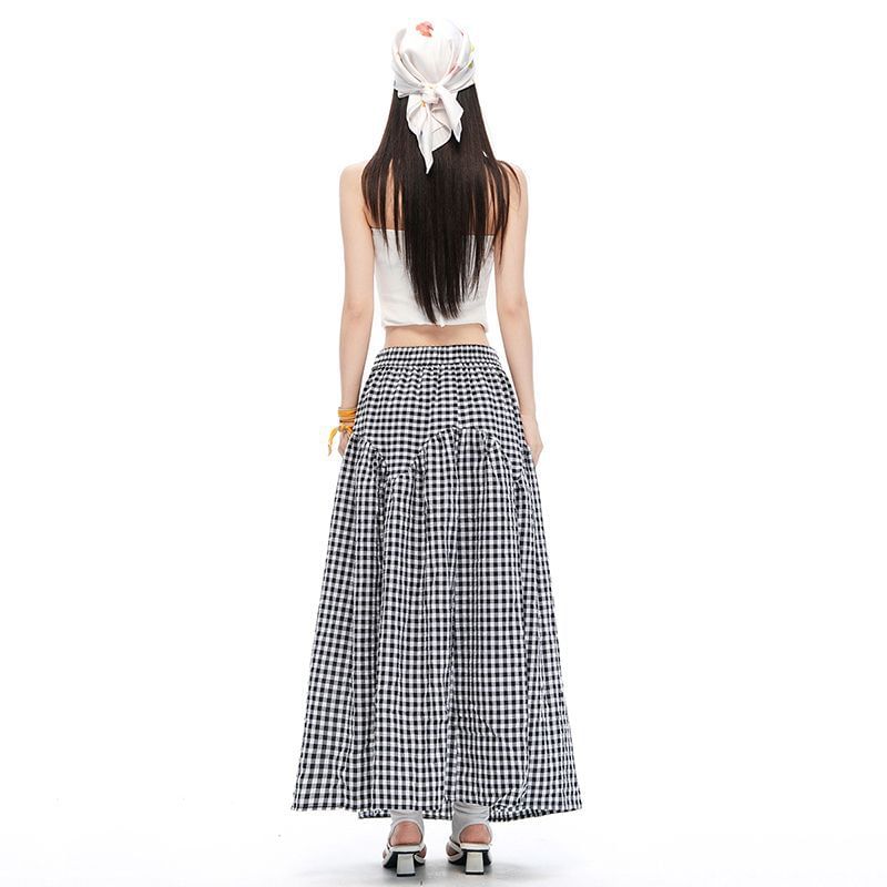 Mid Rise Gingham Maxi A-Line Skirt