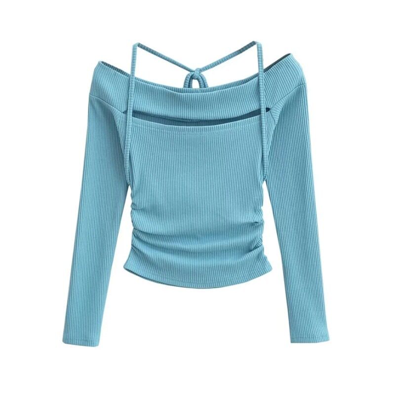 Long Sleeve Halter Neck Crop Knit Top