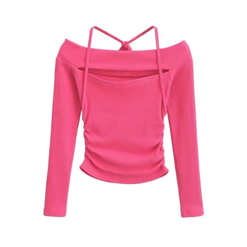 Long Sleeve Halter Neck Crop Knit Top