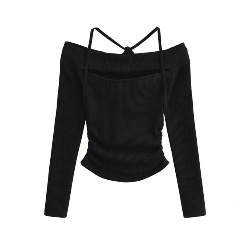 Long Sleeve Halter Neck Crop Knit Top