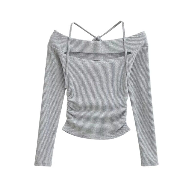 Long Sleeve Halter Neck Crop Knit Top