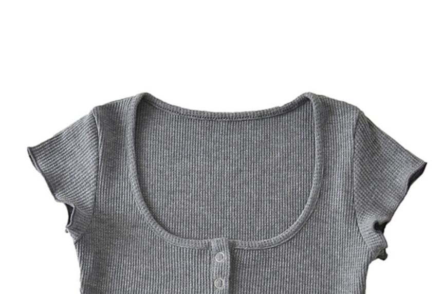 Cap Sleeve Henley Crop Top with Scoop Neck