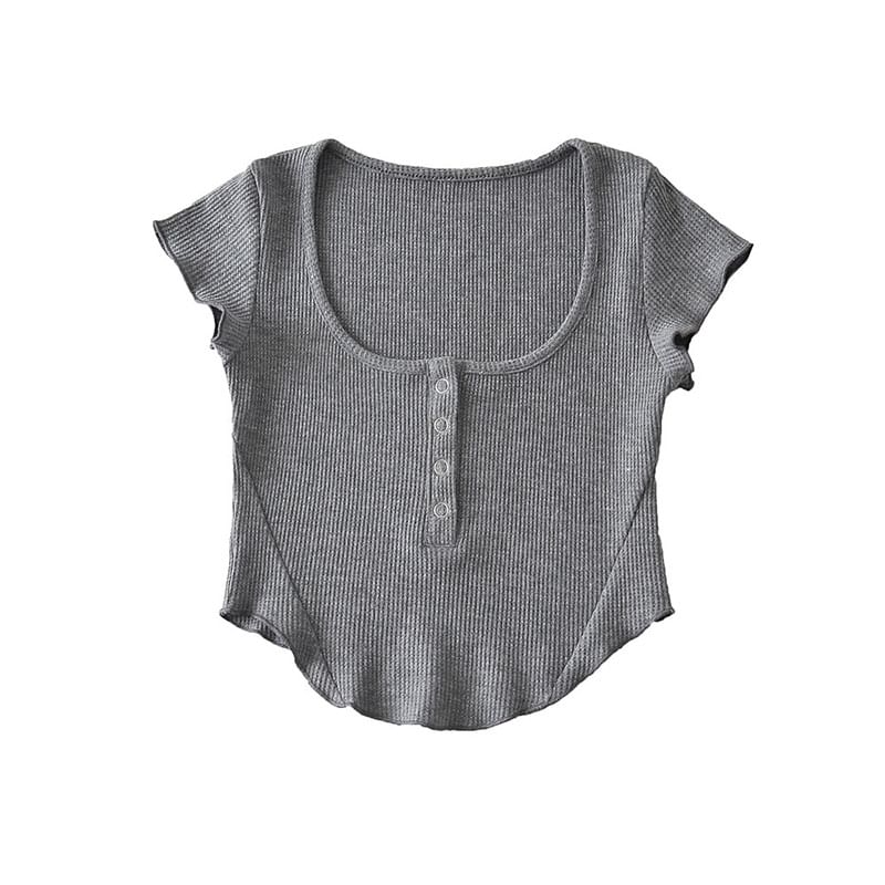 Cap Sleeve Henley Crop Top with Scoop Neck