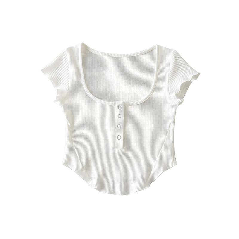 Cap Sleeve Henley Crop Top with Scoop Neck