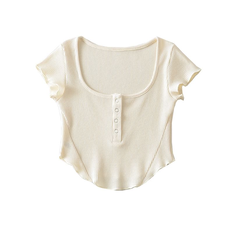 Cap Sleeve Henley Crop Top with Scoop Neck