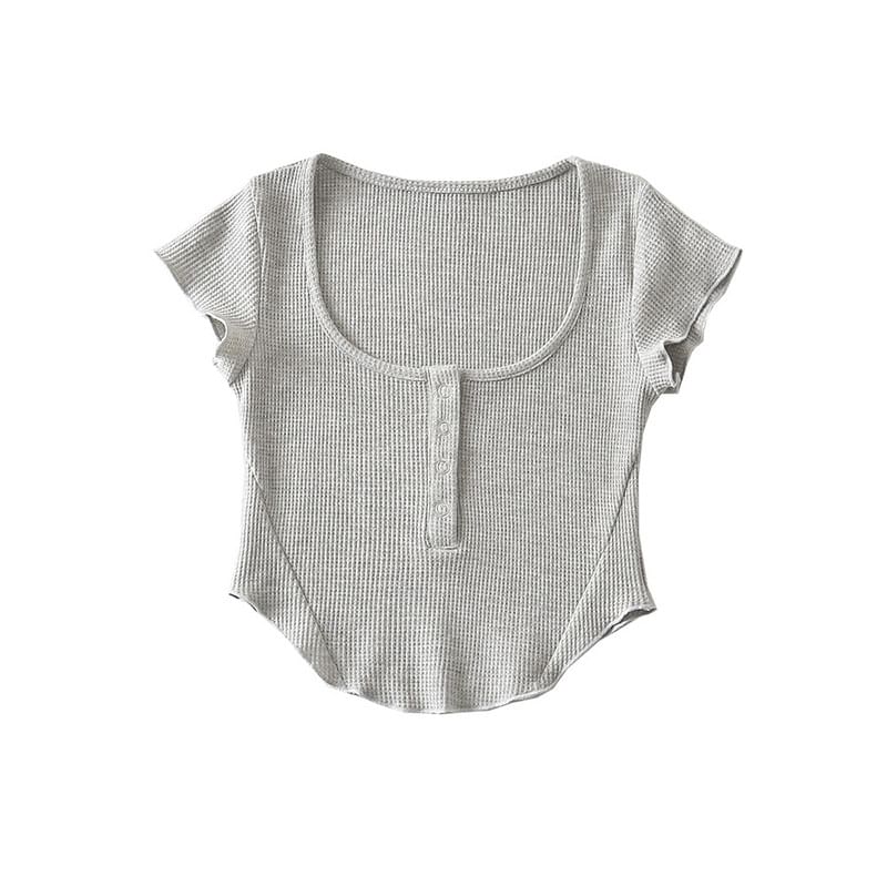 Cap Sleeve Henley Crop Top with Scoop Neck