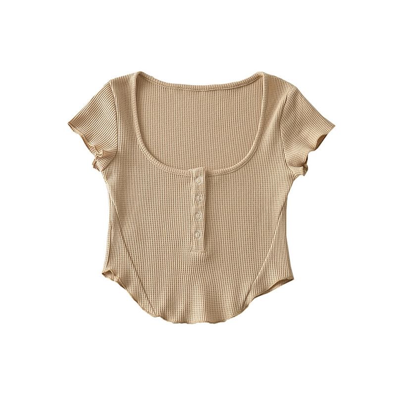 Cap Sleeve Henley Crop Top with Scoop Neck