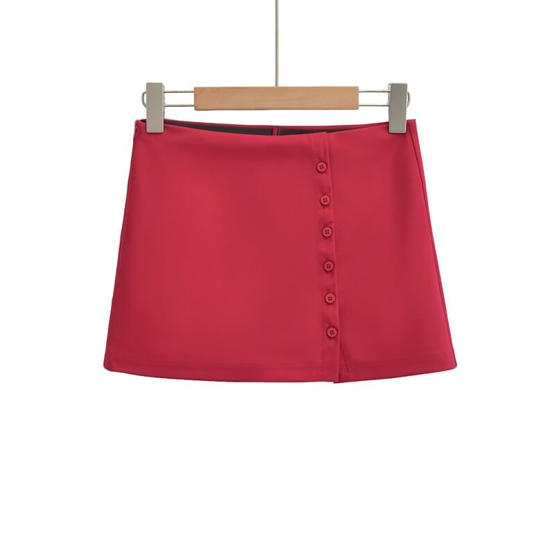 High Waist Button Up Mini A-Line Skirt