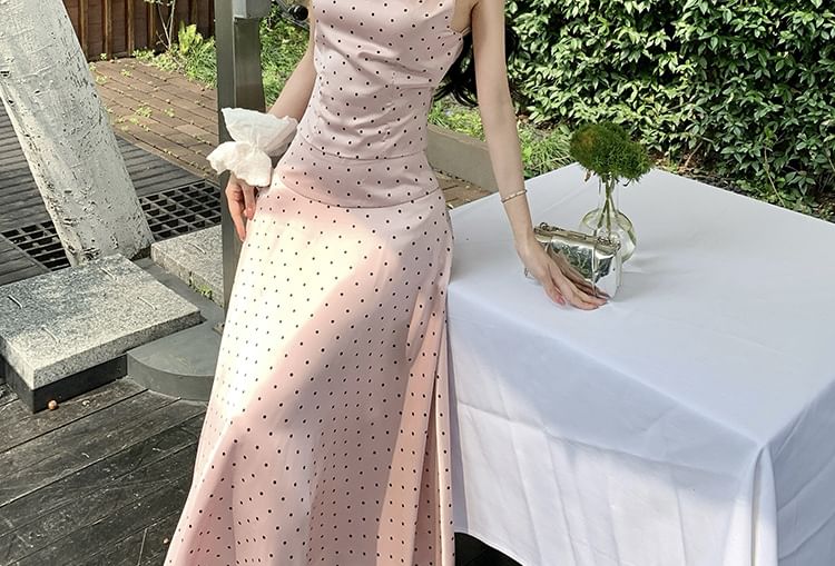 Polka Dot Open Back Slim Fit Crop Camisole Top / High Waist Maxi A-Line Skirt / Set