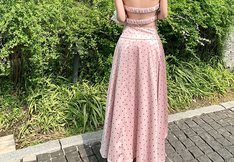 Polka Dot Open Back Slim Fit Crop Camisole Top / High Waist Maxi A-Line Skirt / Set