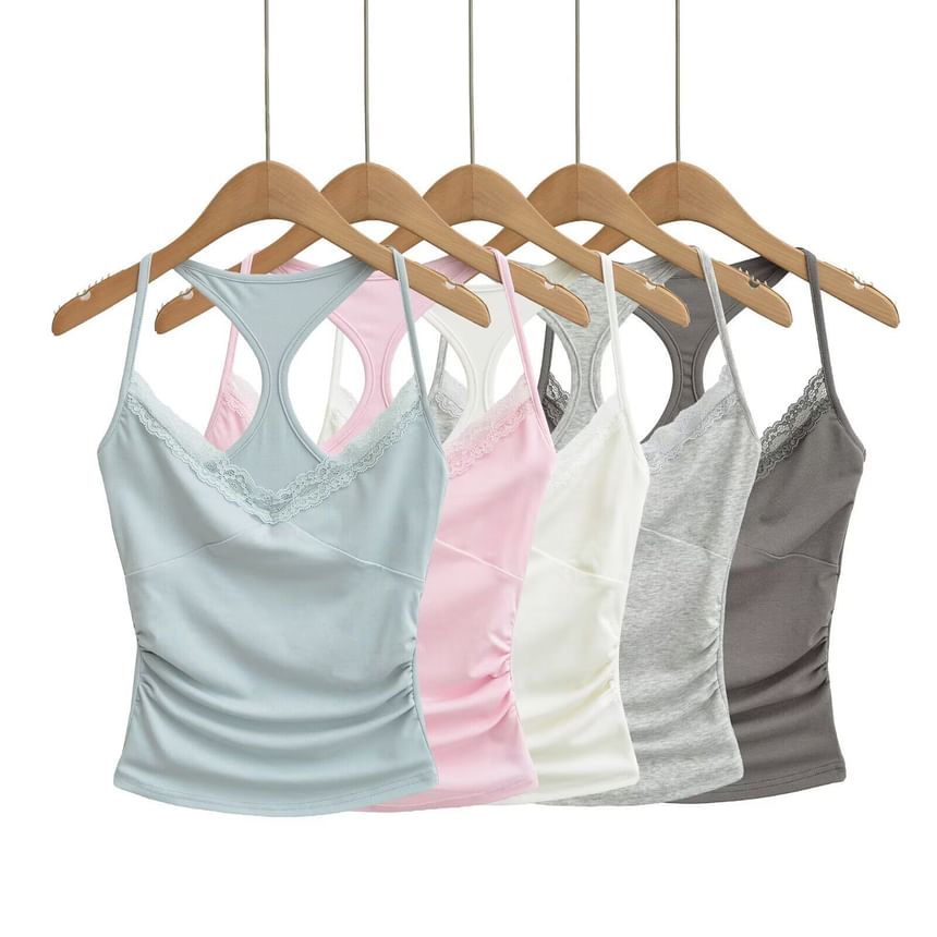 Spaghetti Strap Scoop Neck Plain Lace Trim Camisole Top