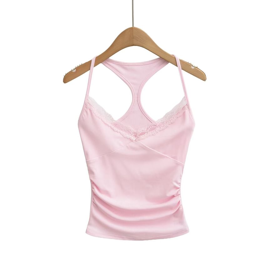 Spaghetti Strap Scoop Neck Plain Lace Trim Camisole Top