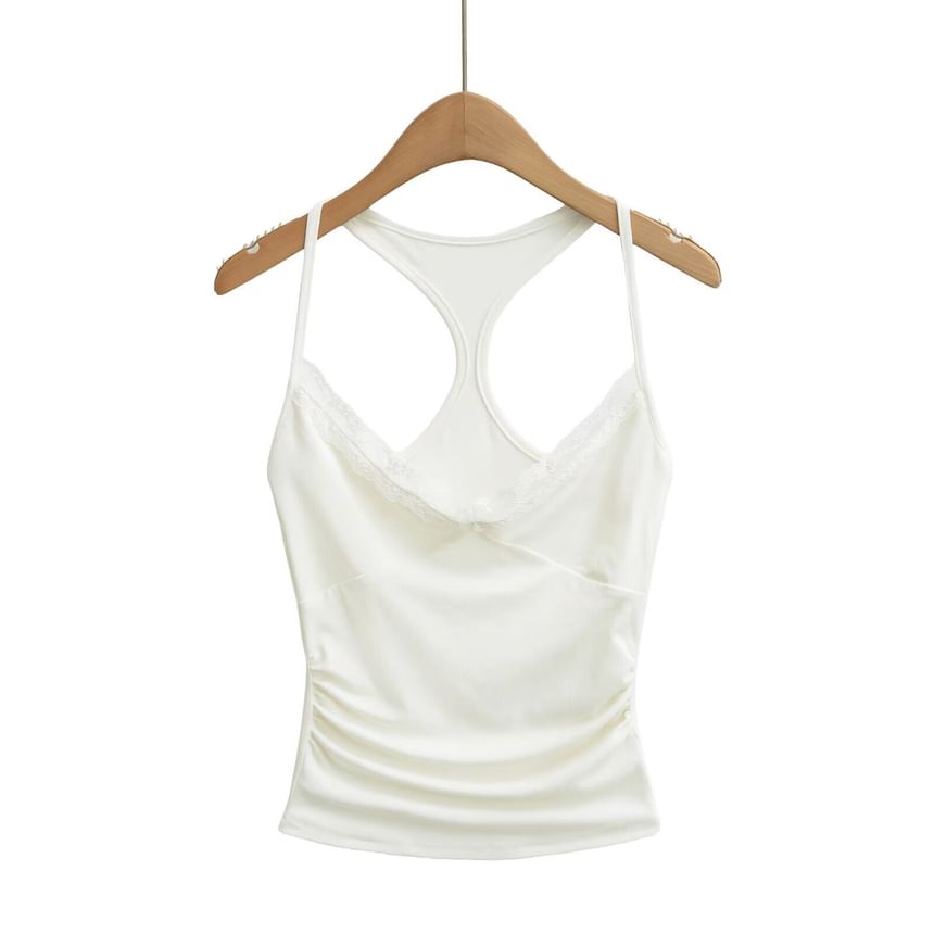 Spaghetti Strap Scoop Neck Plain Lace Trim Camisole Top