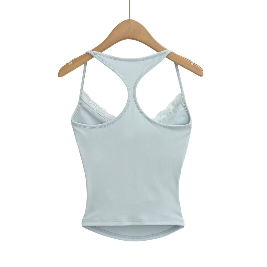 Spaghetti Strap Scoop Neck Plain Lace Trim Camisole Top