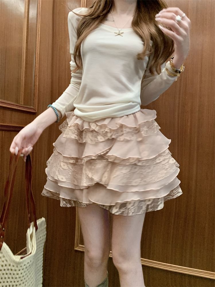 High Waist Lace Panel Tiered Ruffle Mini A-Line Skirt