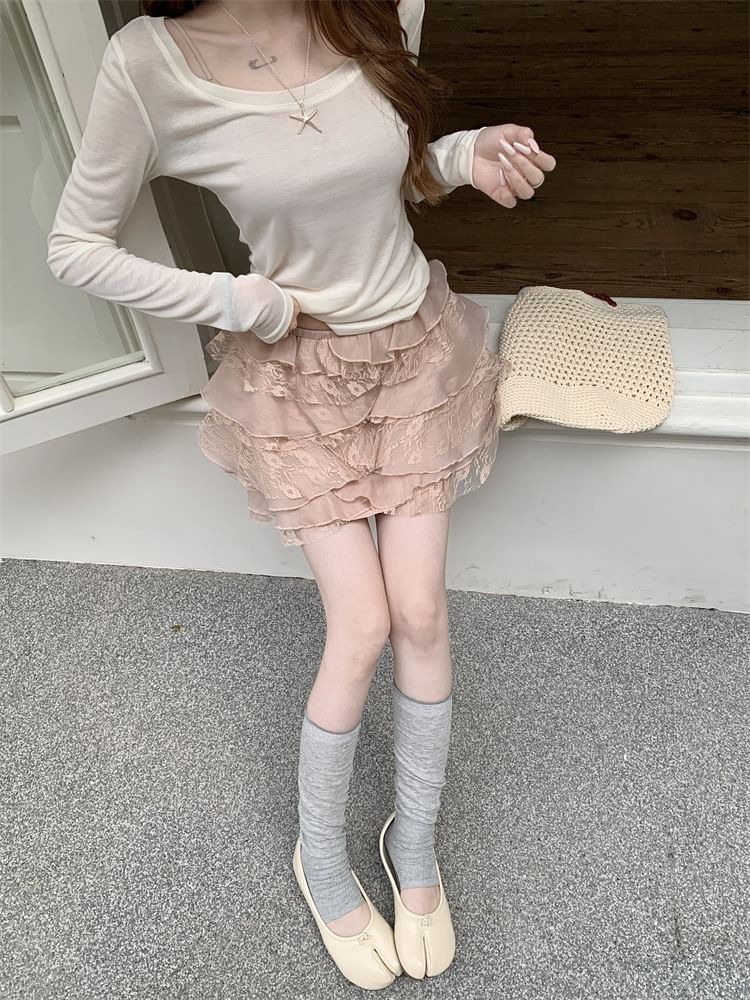 High Waist Lace Panel Tiered Ruffle Mini A-Line Skirt