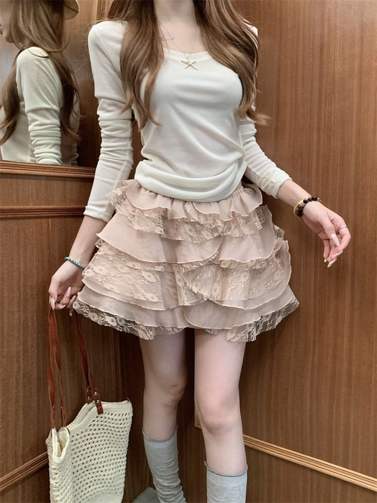 High Waist Lace Panel Tiered Ruffle Mini A-Line Skirt