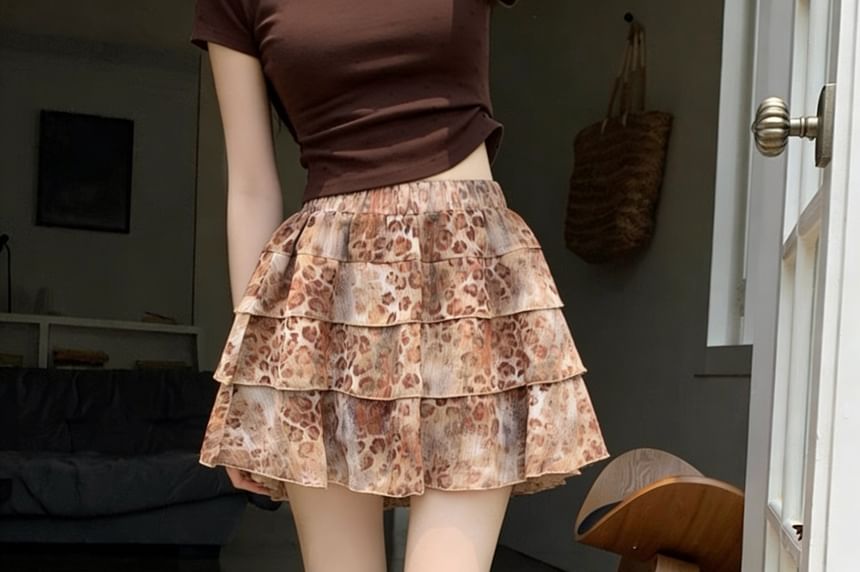 High Waist Leopard Print Tiered Ruffle Mini A-Line Skirt