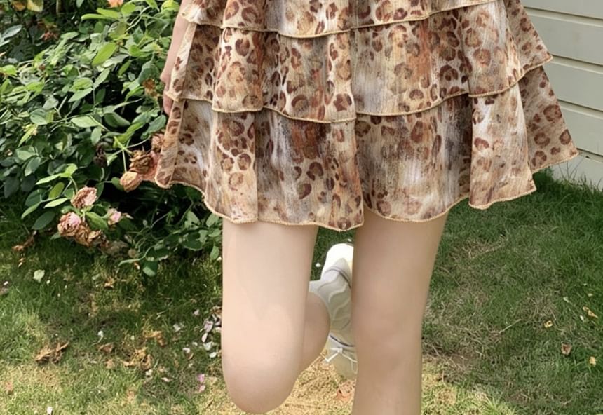 High Waist Leopard Print Tiered Ruffle Mini A-Line Skirt