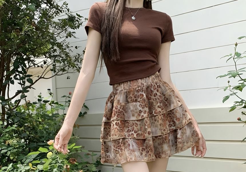 High Waist Leopard Print Tiered Ruffle Mini A-Line Skirt