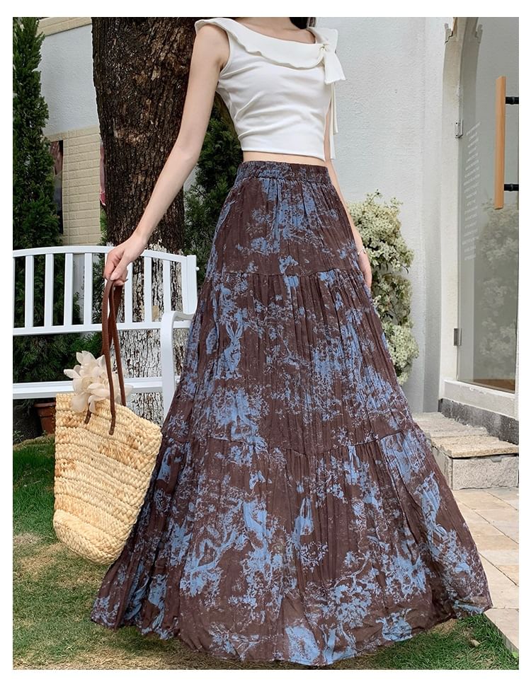 High Waist Tie Dye Crinkle Maxi A-Line Skirt