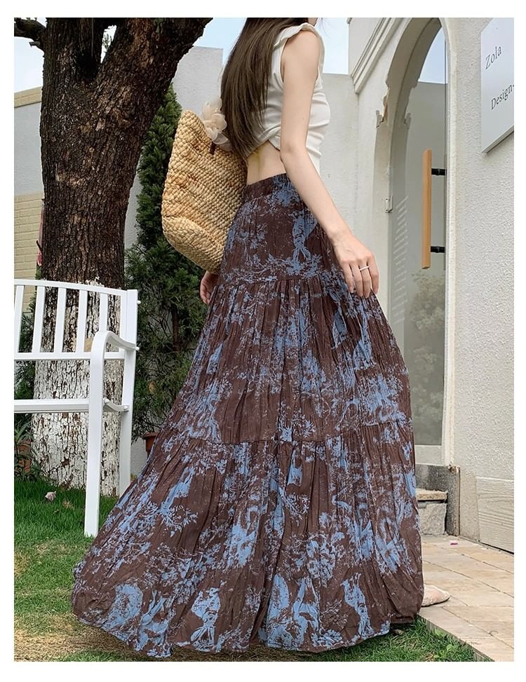 High Waist Tie Dye Crinkle Maxi A-Line Skirt