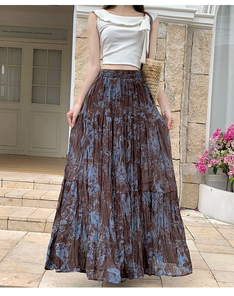 High Waist Tie Dye Crinkle Maxi A-Line Skirt