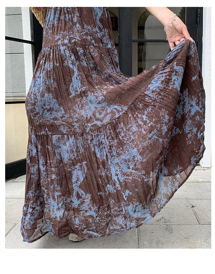 High Waist Tie Dye Crinkle Maxi A-Line Skirt