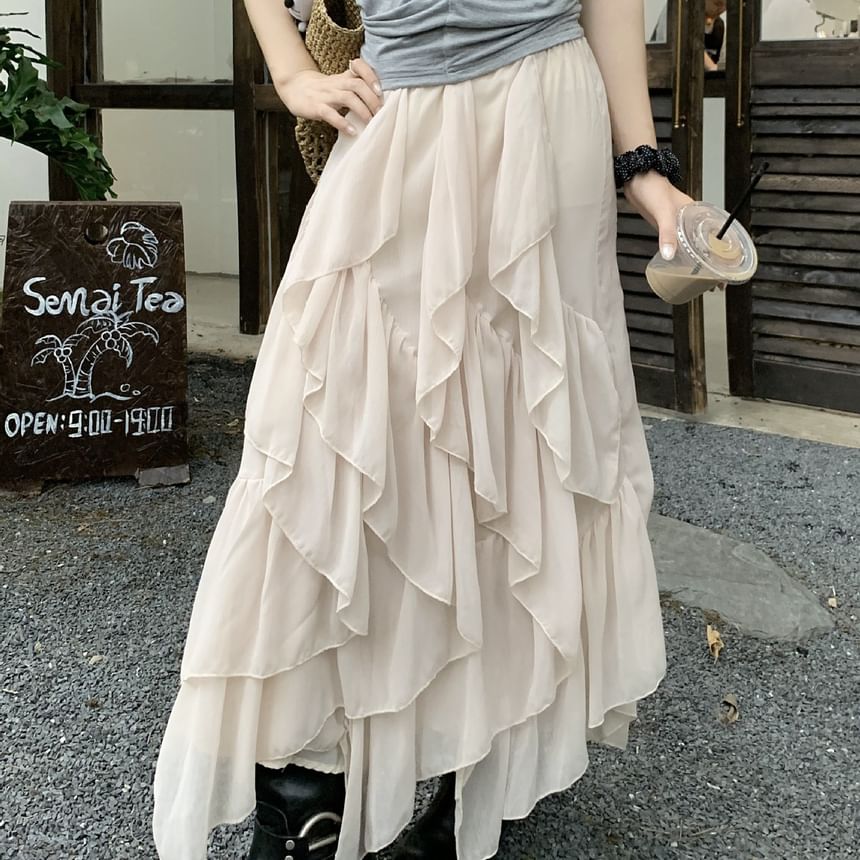 High Waist Plain Asymmetrical Ruffle Trim Maxi A-Line Skirt