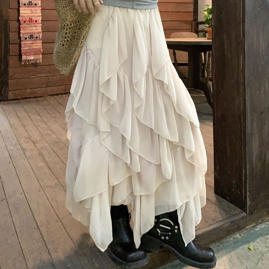 High Waist Plain Asymmetrical Ruffle Trim Maxi A-Line Skirt