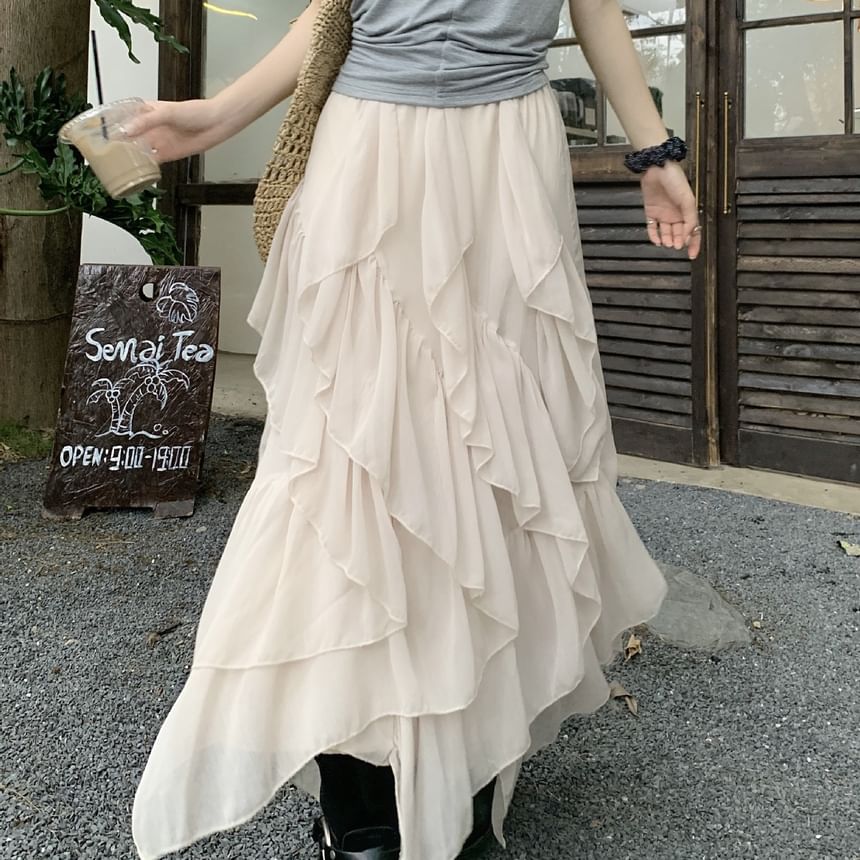High Waist Plain Asymmetrical Ruffle Trim Maxi A-Line Skirt