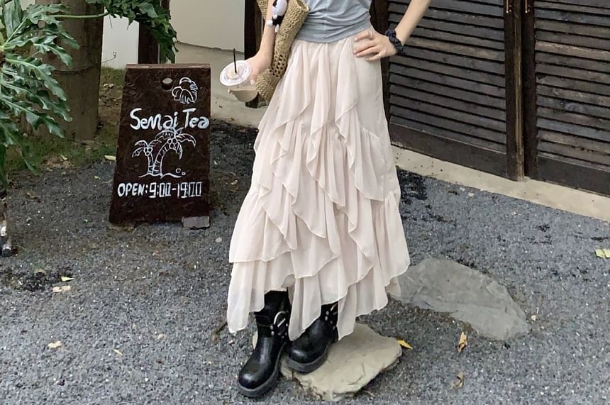 High Waist Plain Asymmetrical Ruffle Trim Maxi A-Line Skirt