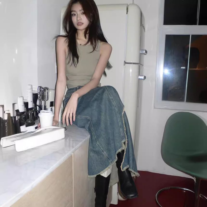 Crew Neck Plain Cutout Crop Tank Top / High Waist Asymmetrical Frayed Slit Denim Midi Mermaid Skirt