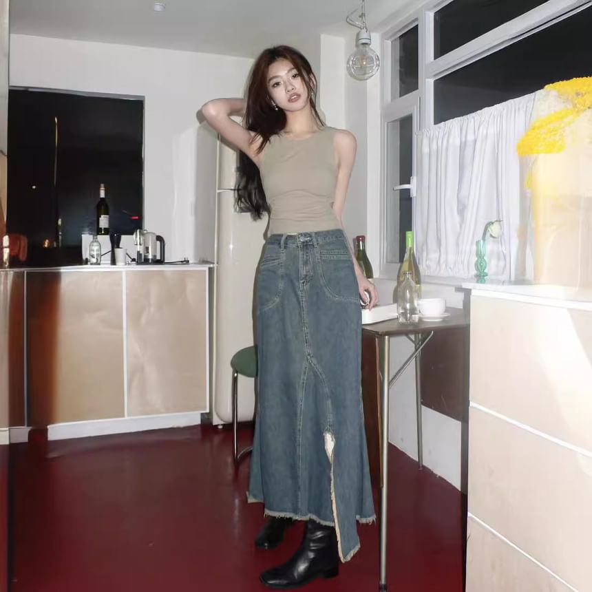 Crew Neck Plain Cutout Crop Tank Top / High Waist Asymmetrical Frayed Slit Denim Midi Mermaid Skirt