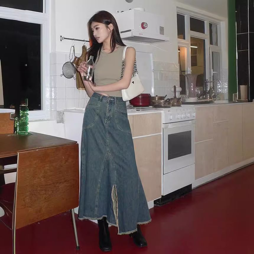 Crew Neck Plain Cutout Crop Tank Top / High Waist Asymmetrical Frayed Slit Denim Midi Mermaid Skirt