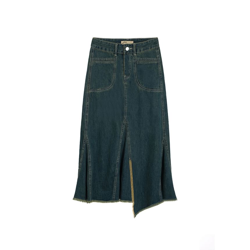 Crew Neck Plain Cutout Crop Tank Top / High Waist Asymmetrical Frayed Slit Denim Midi Mermaid Skirt