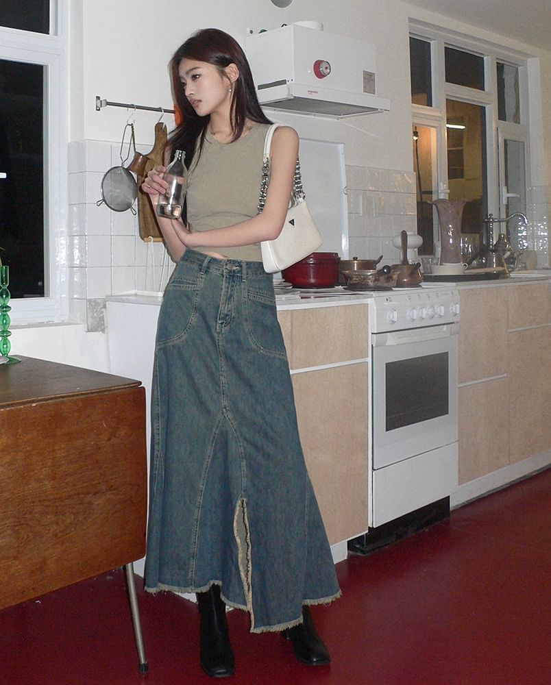 Crew Neck Plain Cutout Crop Tank Top / High Waist Asymmetrical Frayed Slit Denim Midi Mermaid Skirt