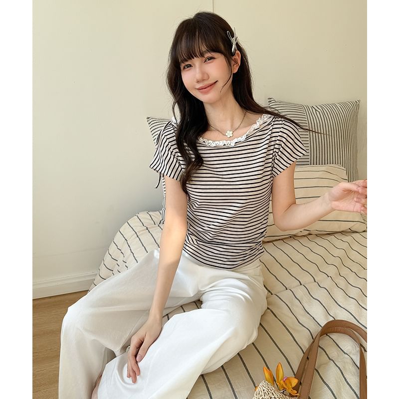 Short-Sleeve Boat Neck Striped Lace Trim Ruched Crop T-Shirt
