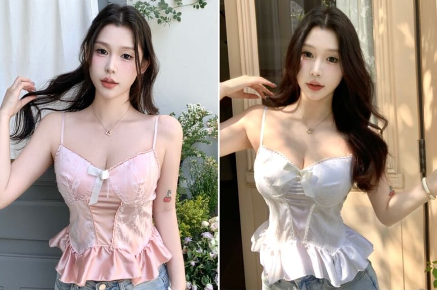 V-Neck Lace Panel Padded Ruffle Hem Crop Camisole Top