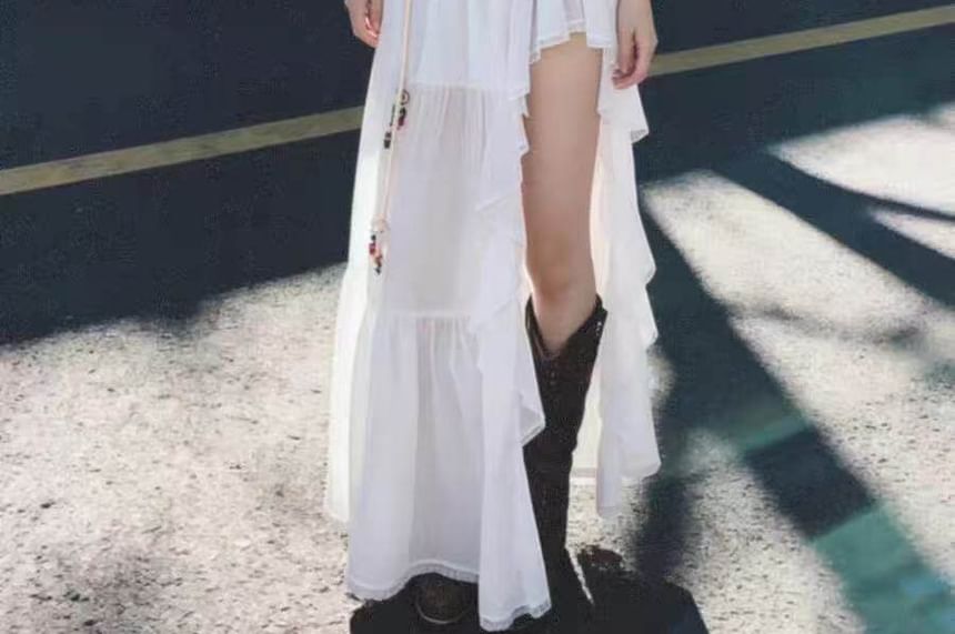 Long-Sleeve V-Neck Crop Tunic / Mid Waist Maxi A-Line Skirt / Belt / Set